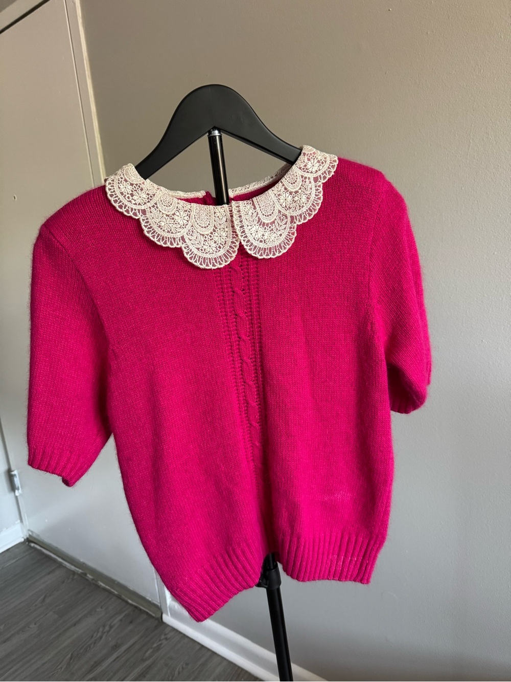 Vintage Dana Ashley Petite Pink Angora Blend Lace Collar Sweater Top PM Coquette